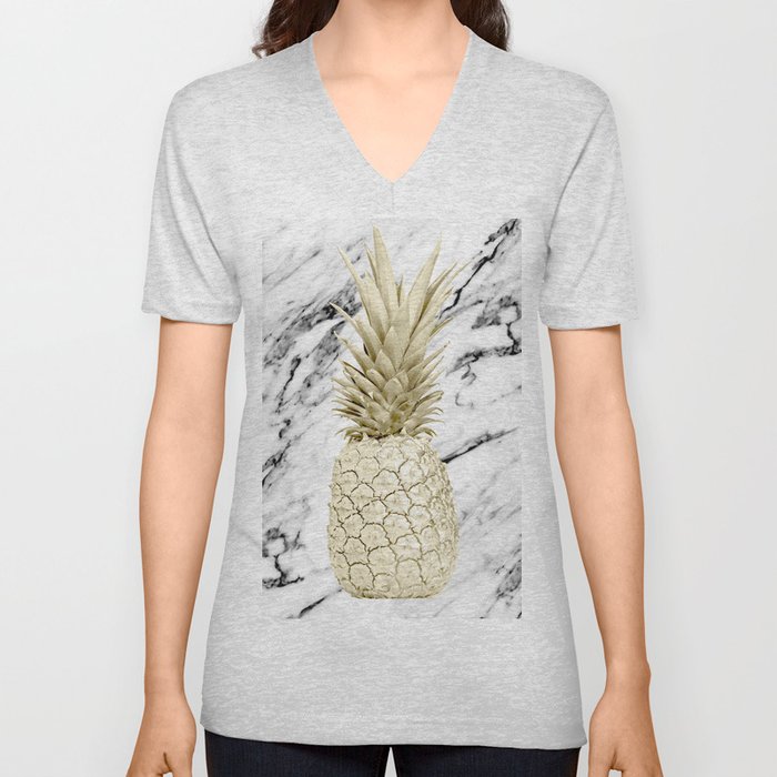 Gold Pineapple on Marble V Neck T Shirt