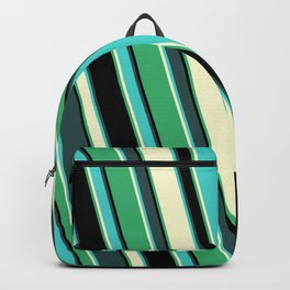 [ Thumbnail: Colorful Dark Slate Gray, Turquoise, Light Yellow, Sea Green, and Black Colored Lined Pattern Backpack ]