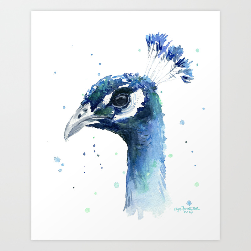 Peacock Cosmic Animal Art Print from Watercolor Painting 