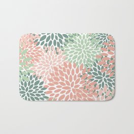 Festive, Abstract Floral Prints, Coral and Green Bath Mat