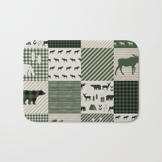 Camping hunter green plaid quilt cheater quilt baby nursery cute pattern bear moose cabin life Bath Mat