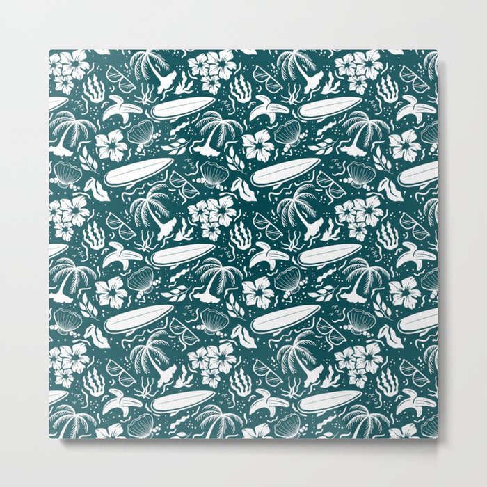 Teal Blue and White Surfing Summer Beach Objects Seamless Pattern Metal Print