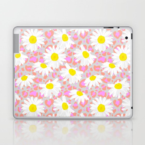 Cute Daisies on Leopard Print Pattern \\ Retro Neon Color Palette \\ Indie Kid Aesthetics Laptop & iPad Skin