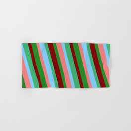[ Thumbnail: Eyecatching Light Sky Blue, Light Coral, Forest Green, Maroon & Sea Green Colored Striped Pattern Hand & Bath Towel ]