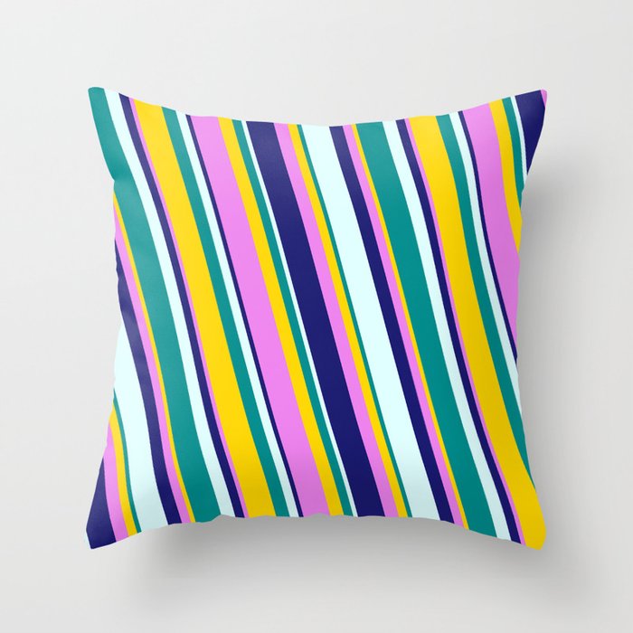 Eye-catching Yellow, Violet, Midnight Blue, Light Cyan, and Dark Cyan Colored Stripes/Lines Pattern Throw Pillow