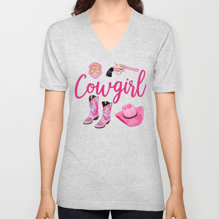 Artsy Cute Girly Pink Teal Cowgirl Watercolor V Neck T Shirt