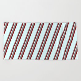 [ Thumbnail: Grey, Dark Red & Light Cyan Colored Stripes/Lines Pattern Beach Towel ]