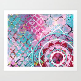Pink and Turquoise Mixed Media Mandala Art Print