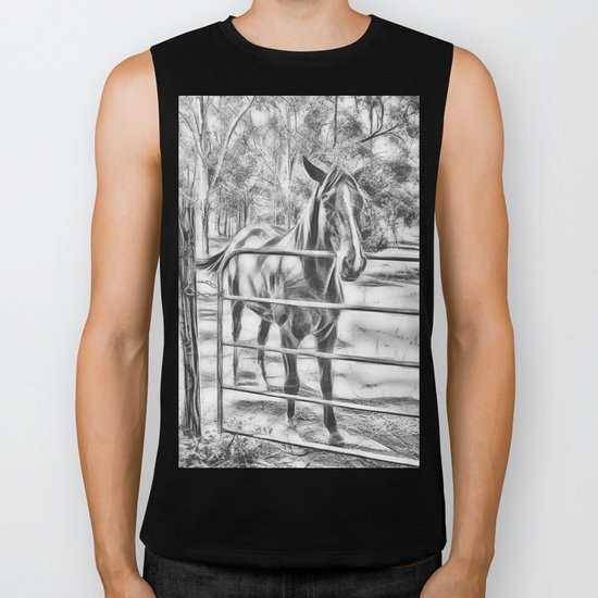 Calm horse standing near gate in Queensland Biker Tank
