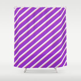 [ Thumbnail: Light Salmon, Dark Orchid, and Lavender Colored Striped Pattern Shower Curtain ]