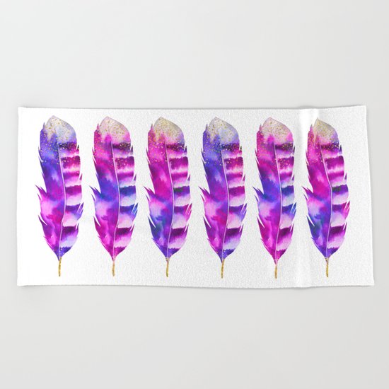 Pink Feathers watercolor painting Beach Towel