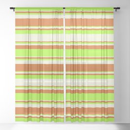 [ Thumbnail: Beige, Chocolate & Light Green Colored Lined/Striped Pattern Sheer Curtain ]