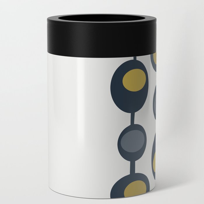 Retro Mid Century Baubles in Navy Blue, Grey and Mustard Yellow Can Cooler