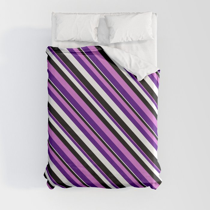 Orchid, Indigo, White, and Black Colored Stripes/Lines Pattern Duvet Cover