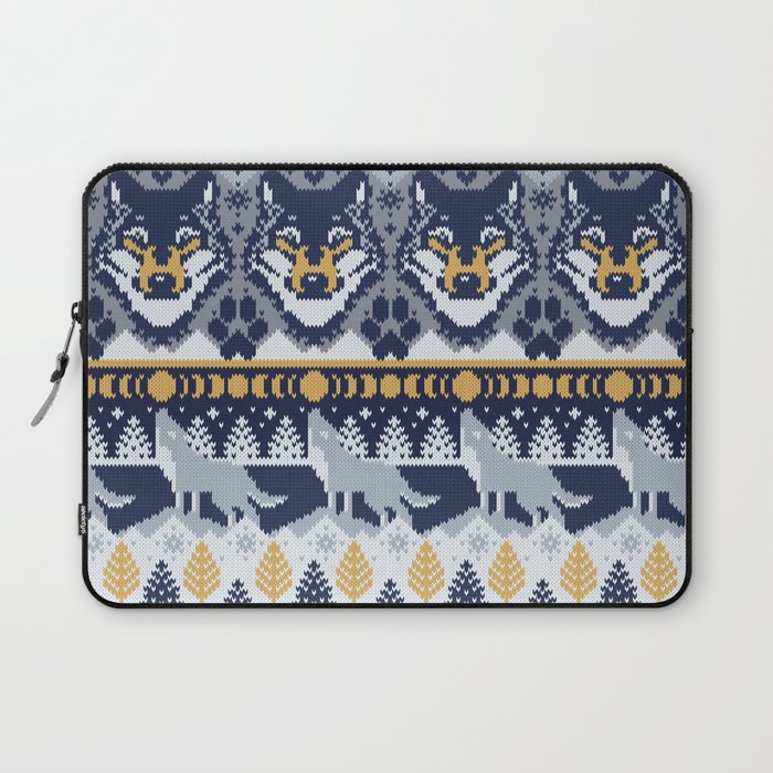 Fair isle knitting grey wolf // navy blue and grey wolves yellow moons and pine trees Laptop Sleeve