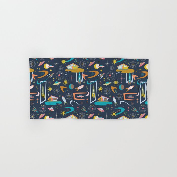 Mid Century Architecture in Space - Retro design in pastels on Navy by Cecca Designs Hand & Bath Towel