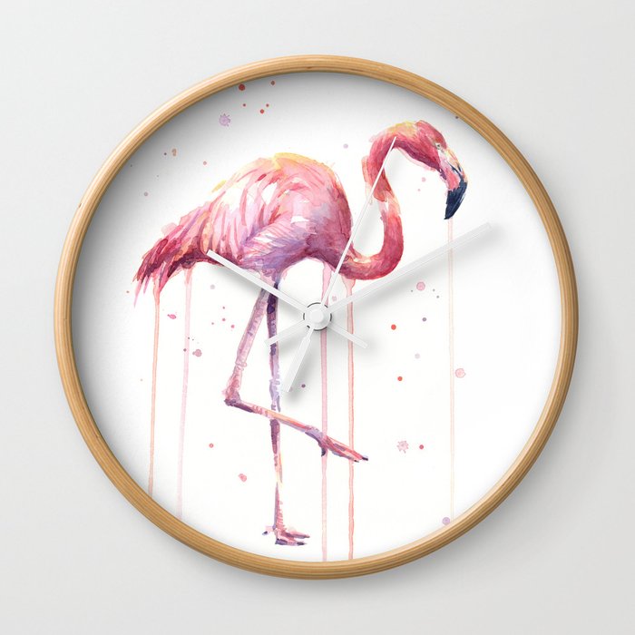 Pink Flamingo Portrait Watercolor Animals Birds | Facing Right Wall Clock