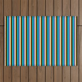 [ Thumbnail: Dark Goldenrod, Lavender, Midnight Blue, Cyan & Black Colored Striped/Lined Pattern Outdoor Rug ]