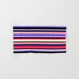 [ Thumbnail: Beige, Medium Slate Blue, Black, and Crimson Colored Pattern of Stripes Hand & Bath Towel ]