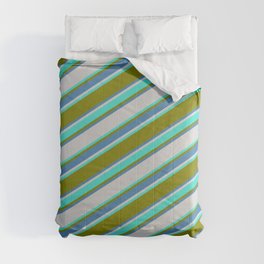 [ Thumbnail: Green, Blue, Light Gray & Turquoise Colored Striped Pattern Comforter ]