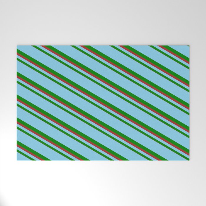 Sky Blue, Green, and Brown Colored Lines/Stripes Pattern Welcome Mat