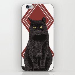 Black cat on a modern red and white diamond pattern background iPhone Skin