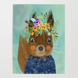 Squirrel with floral crown Poster