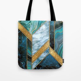 Art Deco Peacock Teal + Gold Marble Geode Chevron Tote Bag