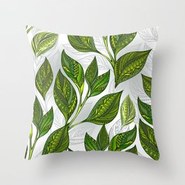 Seamless Pattern with Green Tea Leaves Throw Pillow