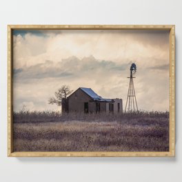 Test of Time - Abandoned House and Windmill in Front of Storm Clouds on Oklahoma Prairie Serving Tray