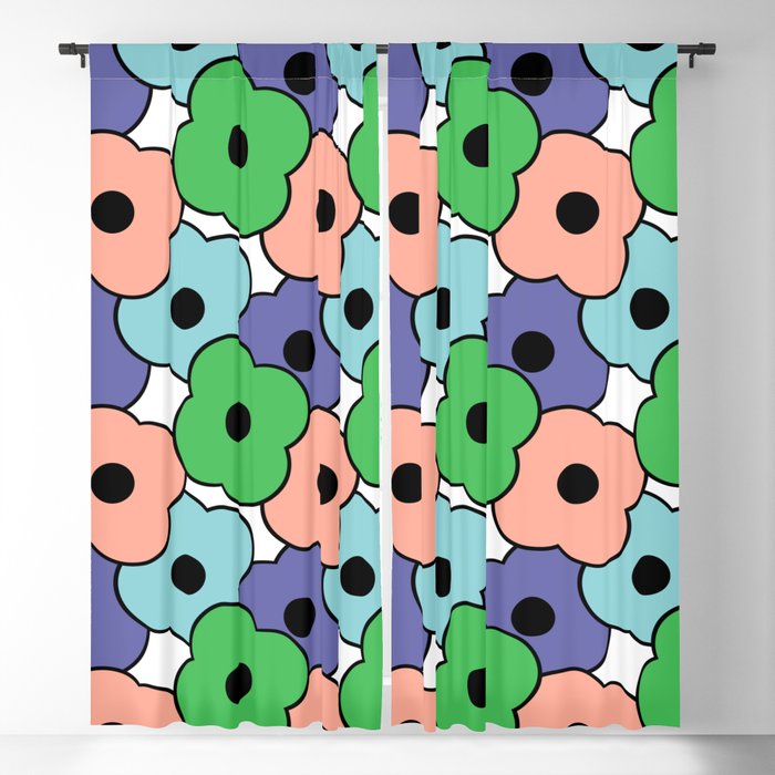Pop-Art Bold Minimalism Cartoon Flowers - Multicolor with Black Outline on White Blackout Curtain