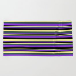[ Thumbnail: Tan, Dark Slate Gray, Purple, and Black Colored Stripes/Lines Pattern Beach Towel ]