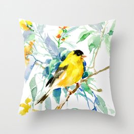 American Goldfinch, yellow sage green birds and flowers Throw Pillow