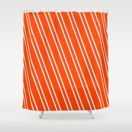 [ Thumbnail: Red, Grey, and White Colored Striped/Lined Pattern Shower Curtain ]