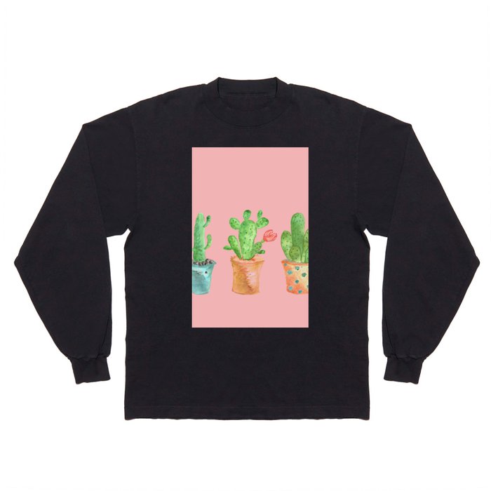 Three Green Cacti On Pink Background Long Sleeve T Shirt