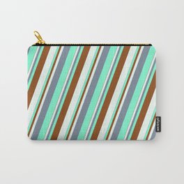 [ Thumbnail: Light Slate Gray, Aquamarine, Brown & Mint Cream Colored Stripes/Lines Pattern Carry-All Pouch ]