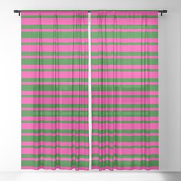 [ Thumbnail: Dark Green and Deep Pink Colored Pattern of Stripes Sheer Curtain ]