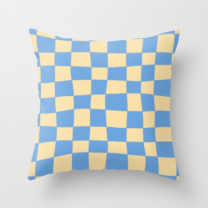 Hand Drawn Checkerboard Pattern (blue/soft yellow) Throw Pillow