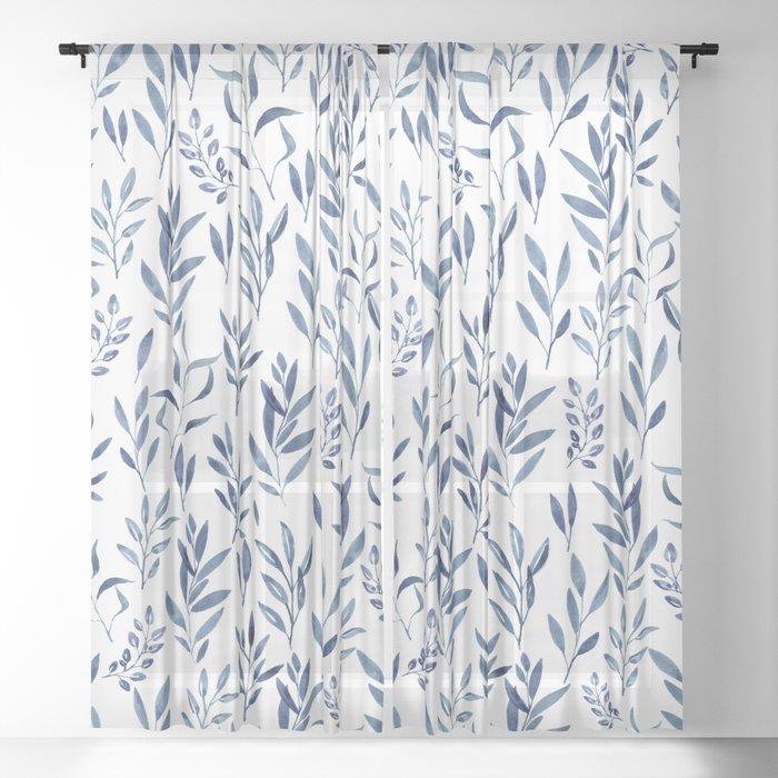 Eucalyptus - Watercolor Blue Leaves  Sheer Curtain