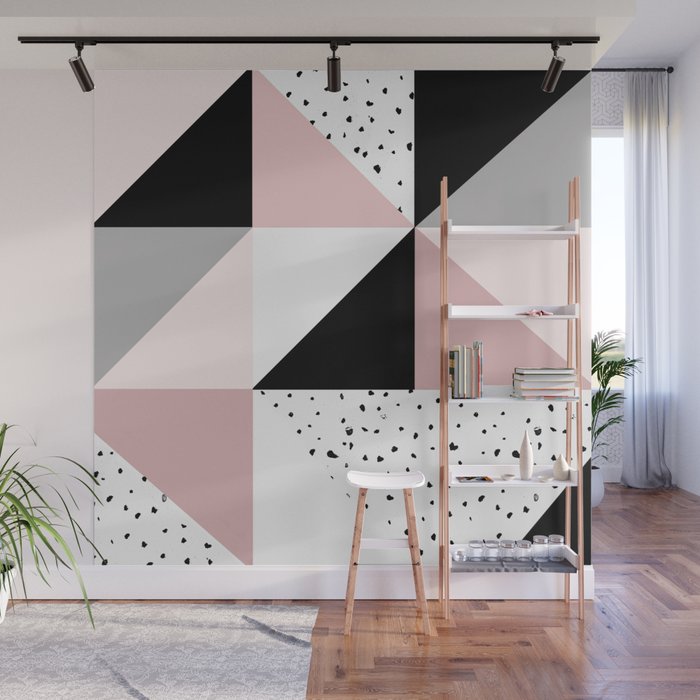 Wall Mural | Geometrical Pink Black Gray Watercolor Polka Dots Color Block by Pink Water - 8' x 8' - Society6