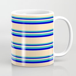 [ Thumbnail: Tan, Light Sea Green & Blue Colored Striped Pattern Coffee Mug ]
