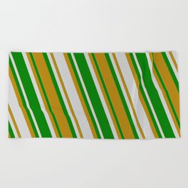 [ Thumbnail: Light Gray, Green & Dark Goldenrod Colored Lines Pattern Beach Towel ]