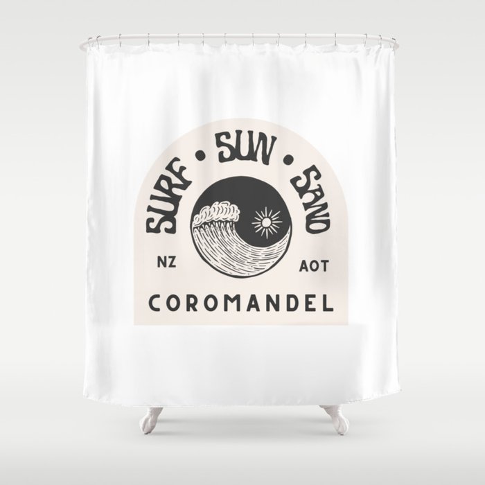 Coromandel - Surf • Sun • Sand retro vintage aesthetic sticker design Shower Curtain