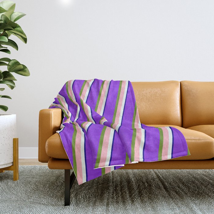 Purple, Green, Light Pink, Mint Cream, and Dark Blue Colored Striped/Lined Pattern Throw Blanket
