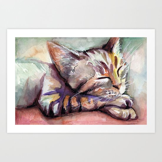 Sleeping Kitten Watercolor Cat Whimsical Cats Art Print