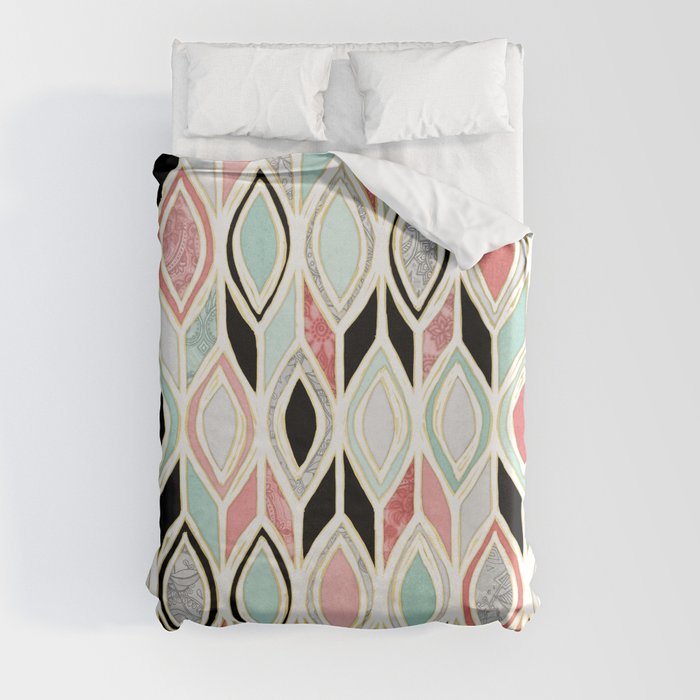 Patchwork Pattern in Coral, Mint, Black & White Duvet Cover