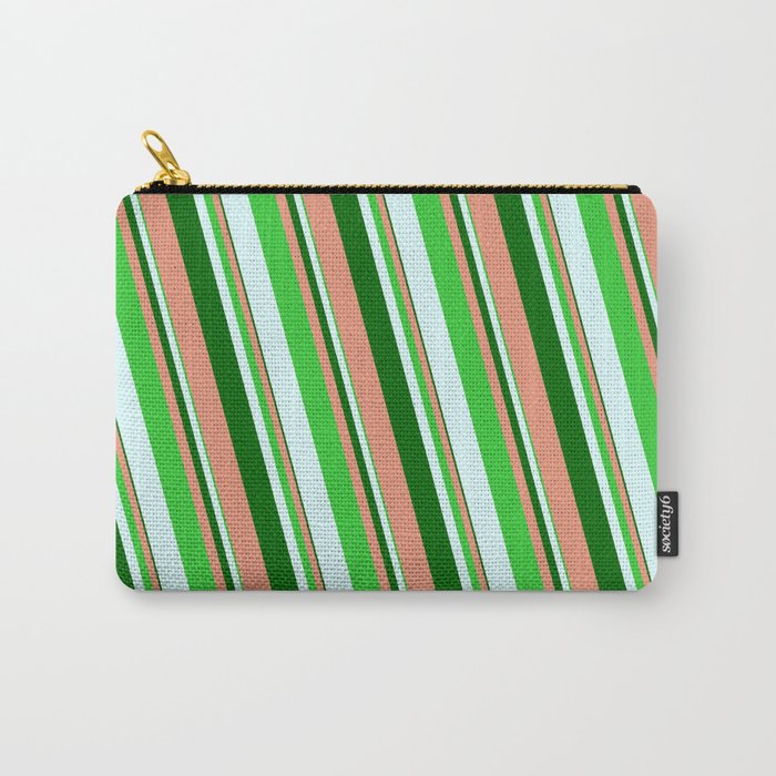 Dark Green, Dark Salmon, Lime Green, and Light Cyan Colored Striped/Lined Pattern Carry-All Pouch