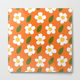 Little White Daisy Flowers Modern Floral Orange Metal Print