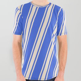 [ Thumbnail: Royal Blue & Beige Colored Striped Pattern All Over Graphic Tee ]