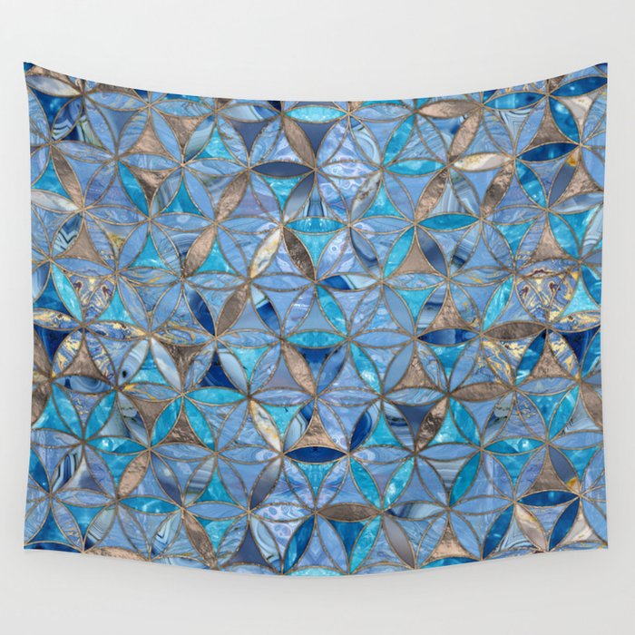 Flower of Life pattern- Blue Gemstones and gold Wall Tapestry
